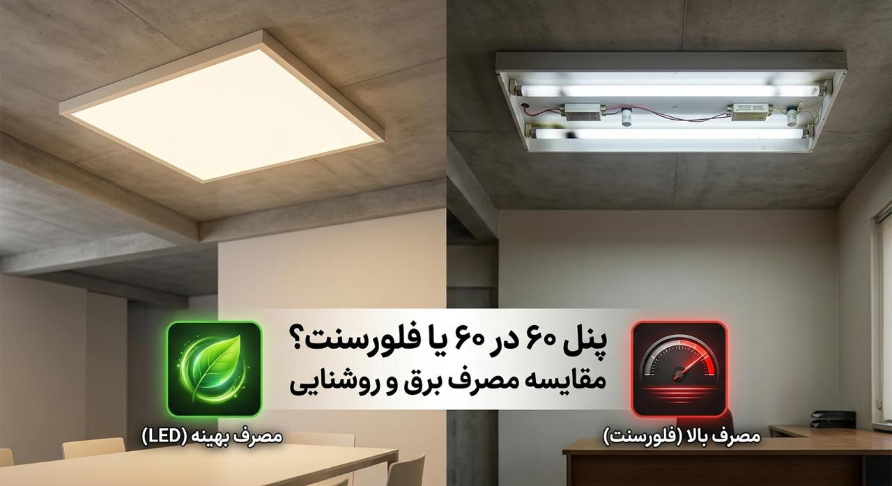 پنل ۶۰ در ۶۰ یا فلورسنت؟ مقایسه مصرف برق و روشنایی